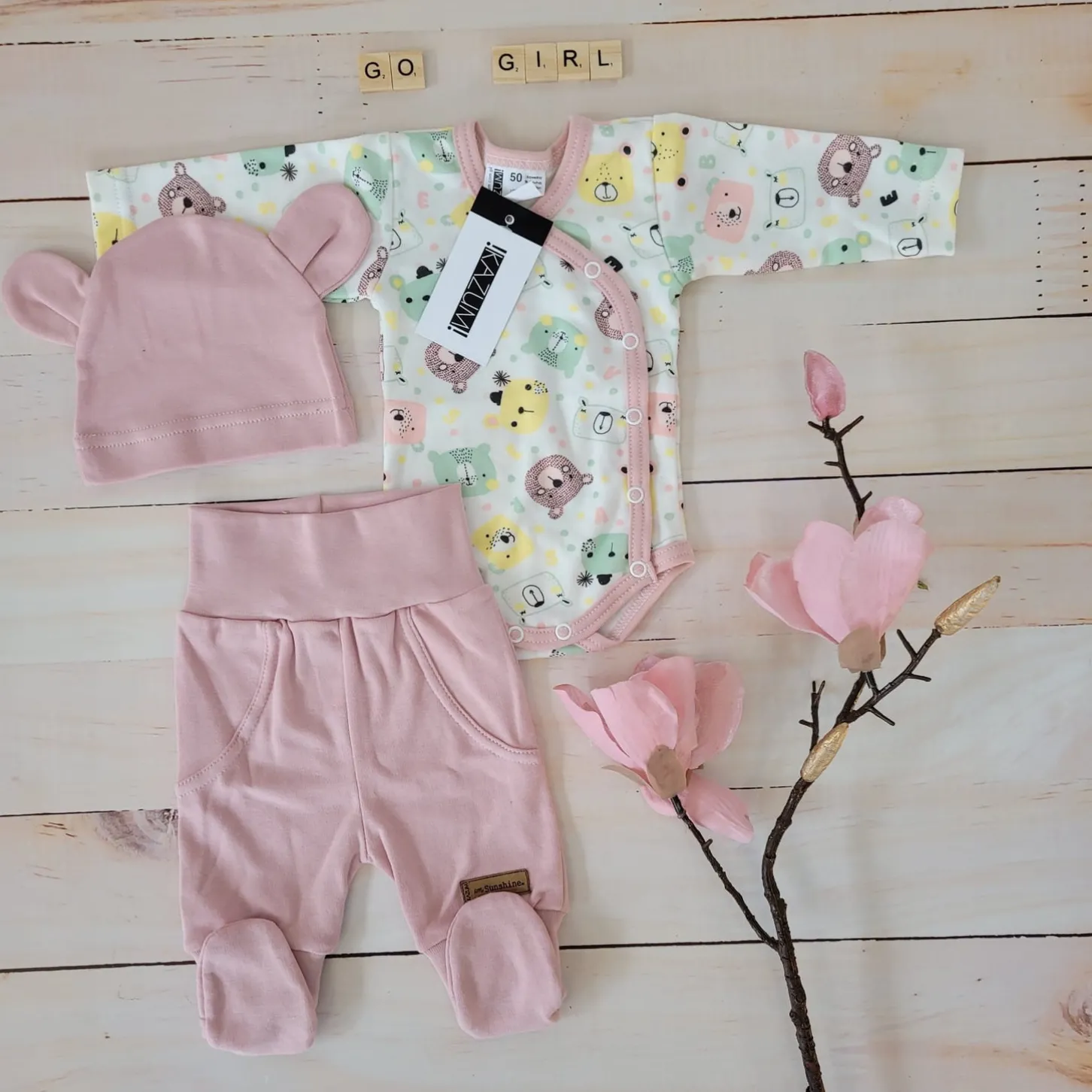 KAZUM Komplet body + półśpiochy + czapka baby pastel pink bear ostatnie sztuki 50, 68
