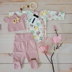 KAZUM Komplet body + półśpiochy + czapka baby pastel pink bear ostatnie sztuki 50, 68