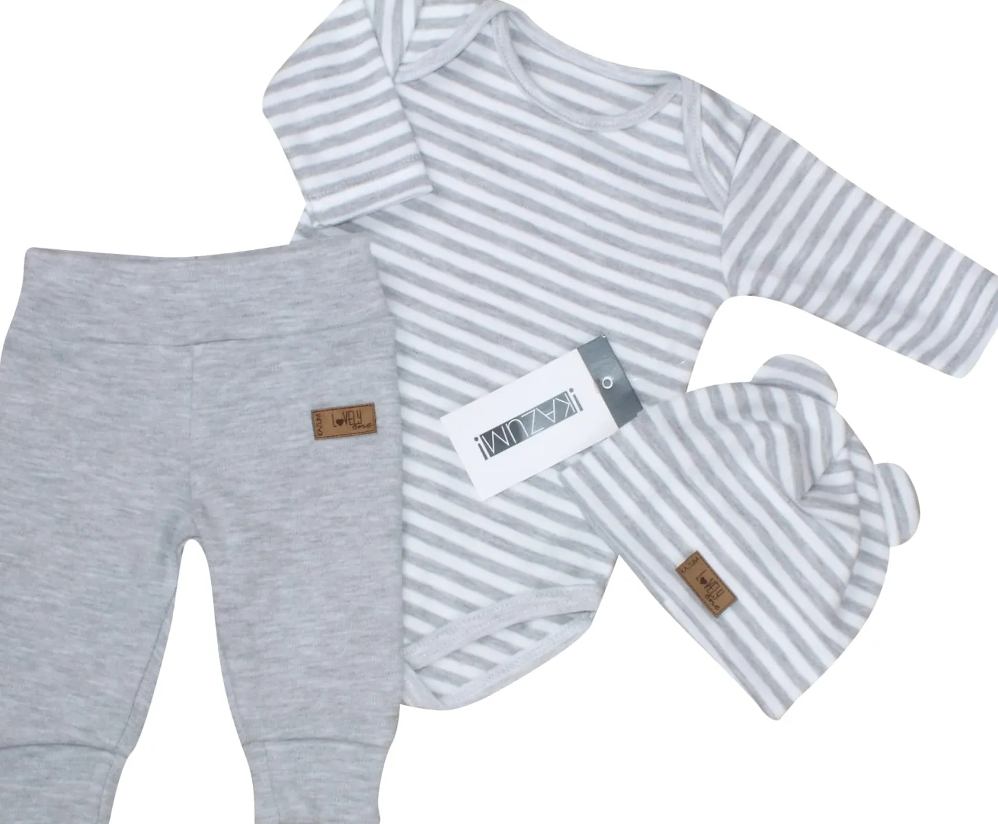 KAZUM Komplet niemowlęcy: body + spodnie + czapka z uszkami stripes ostatnie sztuki 56-86