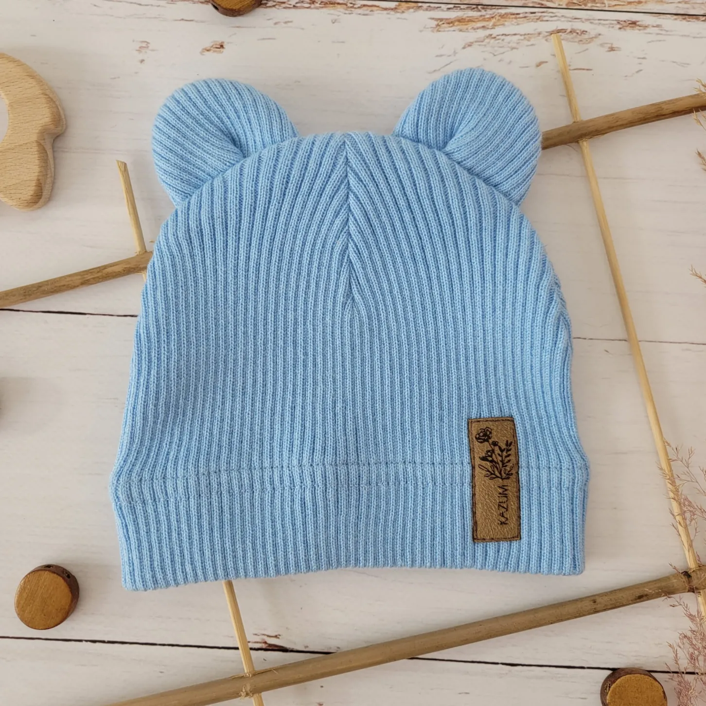 KAZUM Pojedyńcza czapka bawełniana włóczkowa z uszkami baby blue
