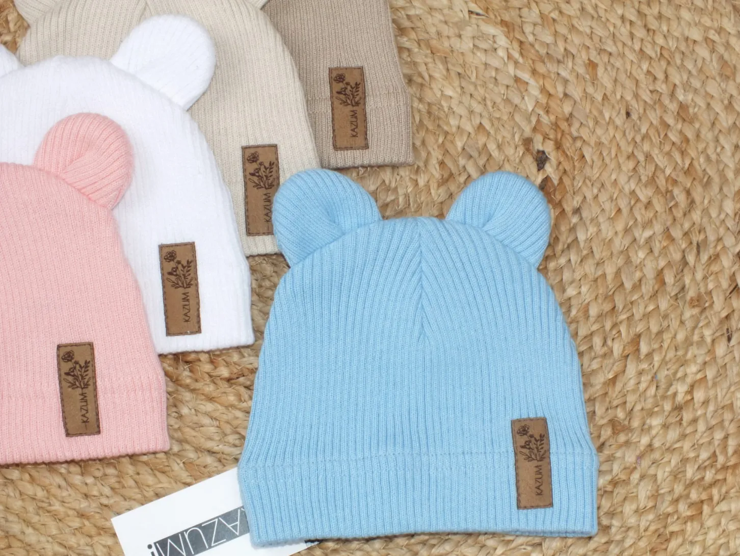 KAZUM Pojedyńcza czapka bawełniana włóczkowa z uszkami baby blue