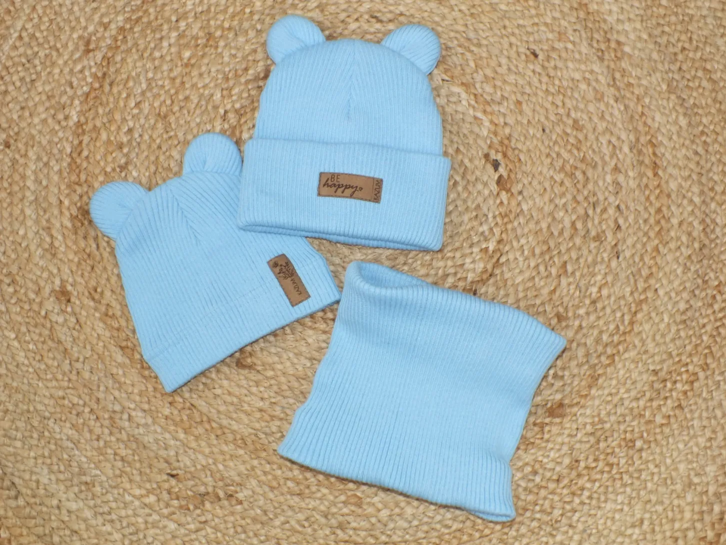 KAZUM Pojedyńcza czapka bawełniana włóczkowa z uszkami baby blue