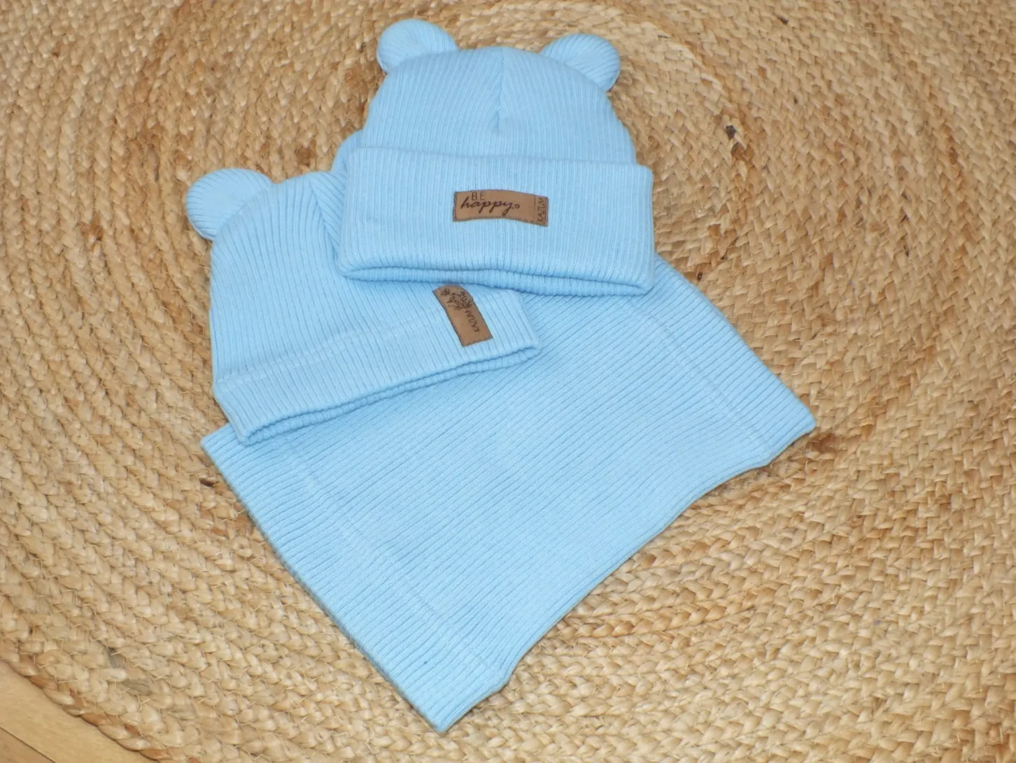 KAZUM Pojedyńcza czapka bawełniana włóczkowa z uszkami baby blue