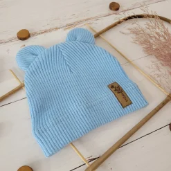 KAZUM Pojedyńcza czapka bawełniana włóczkowa z uszkami baby blue