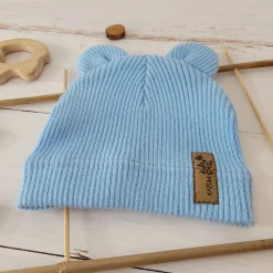 KAZUM Pojedyńcza czapka bawełniana włóczkowa z uszkami baby blue