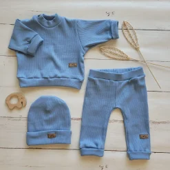 KAZUM Prążkowany komplet 3 cz bluza+spodnie+czapka 56-86 baby blue