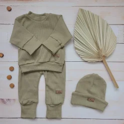 KAZUM Prążkowany komplet 3 cz bluza+spodnie+czapka 56-86 olive green