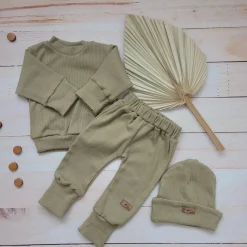 KAZUM Prążkowany komplet 3 cz bluza+spodnie+czapka 56-86 olive green