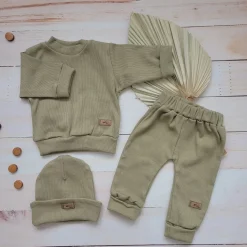 KAZUM Prążkowany komplet 3 cz bluza+spodnie+czapka 56-86 olive green