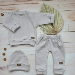 KAZUM Prążkowany komplet 3 cz bluza+spodnie+czapka 56-86 alabaster beige