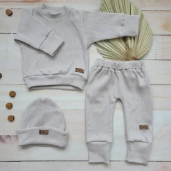 KAZUM Prążkowany komplet 3 cz bluza+spodnie+czapka 56-86 alabaster beige