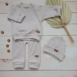 KAZUM Prążkowany komplet 3 cz bluza+spodnie+czapka 56-86 alabaster beige