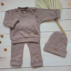KAZUM Prążkowany komplet 3 cz bluza+spodnie+czapka 56-86 sweet choco