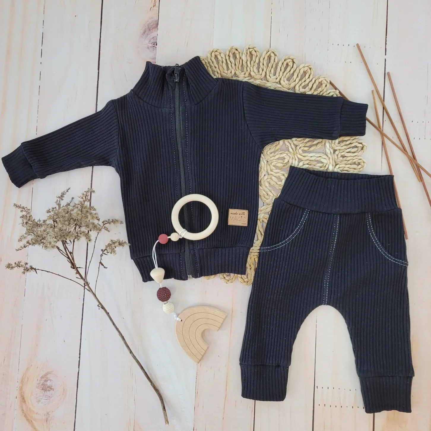 KAZUM Prążkowany komplet dres bluza bez kaptura + spodnie jet black ostatnie sztuki 56-86