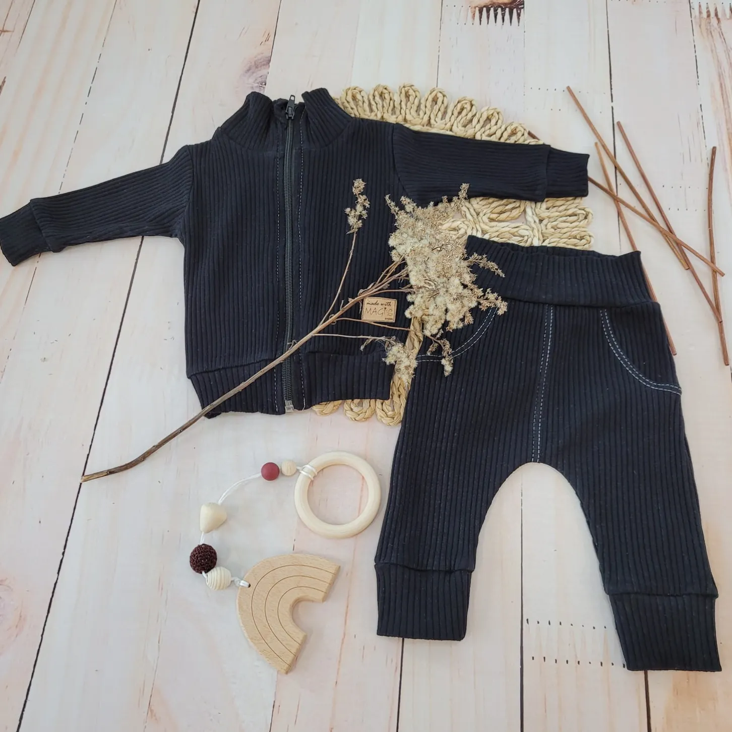 KAZUM Prążkowany komplet dres bluza bez kaptura + spodnie jet black ostatnie sztuki 56-86