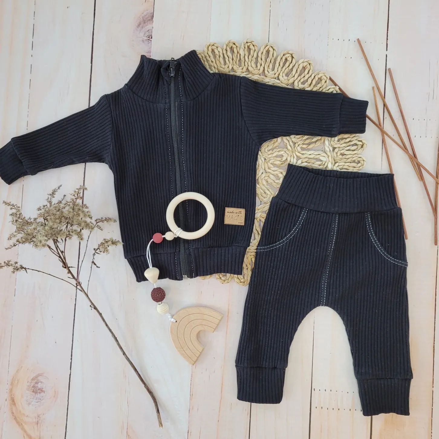 KAZUM Prążkowany komplet dres bluza bez kaptura + spodnie jet black ostatnie sztuki 56-86