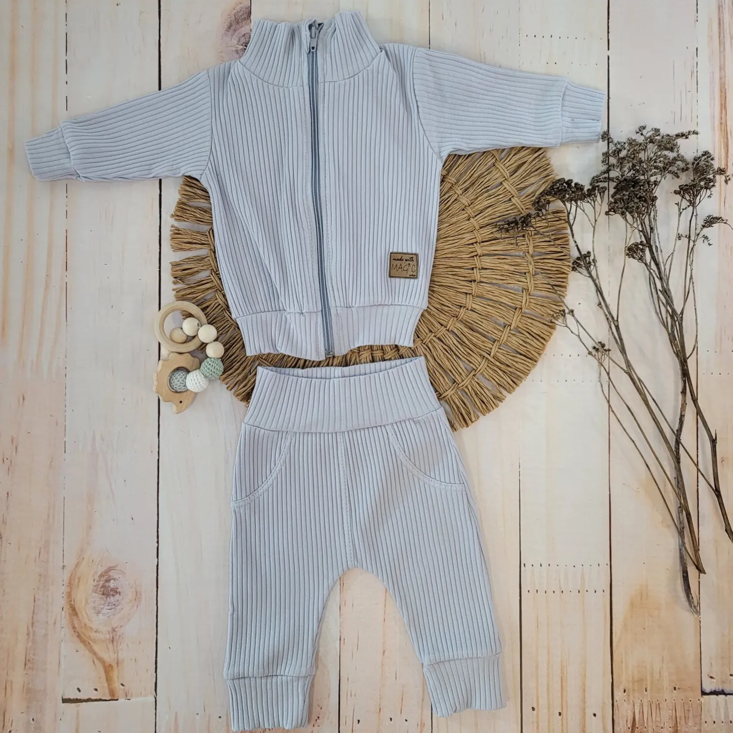 KAZUM Prążkowany komplet dres bluza bez kaptura + spodnie silver gray ostatnie sztuki 56, 62, 68, 74, 80