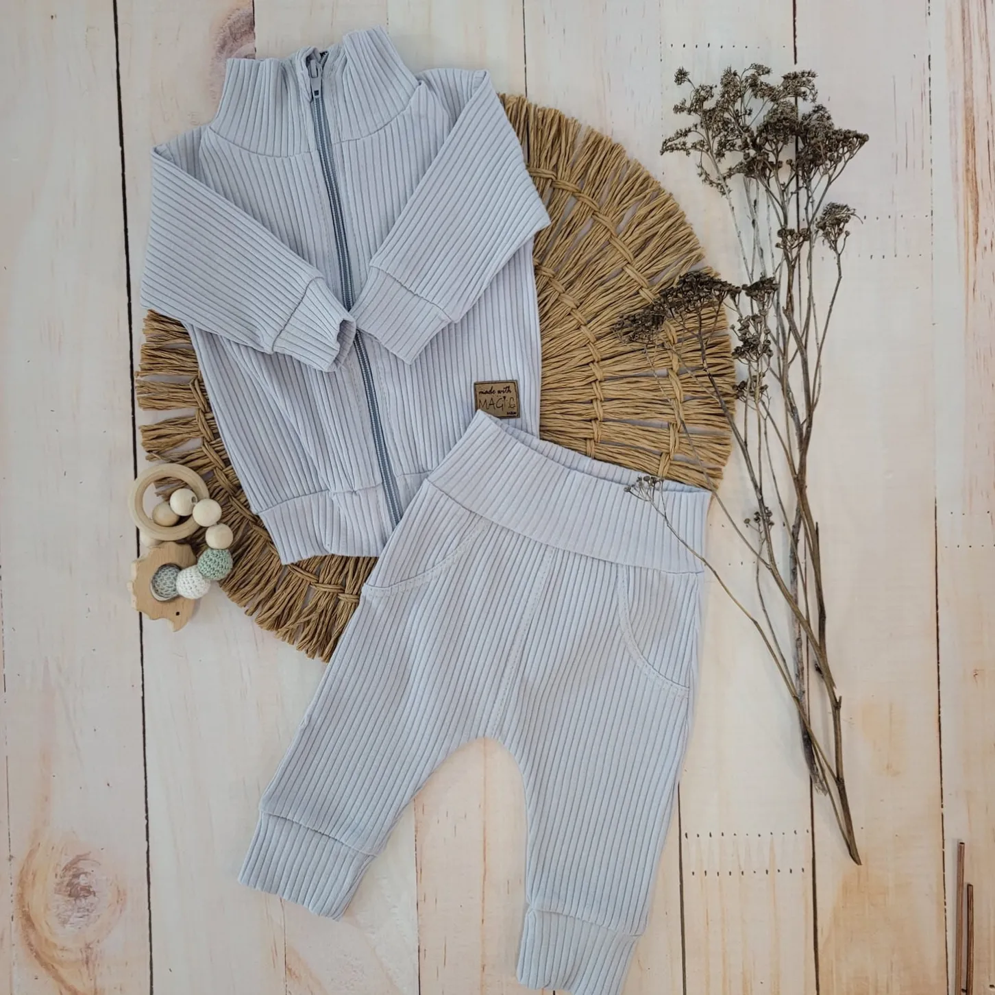 KAZUM Prążkowany komplet dres bluza bez kaptura + spodnie silver gray ostatnie sztuki 56, 62, 68, 74, 80