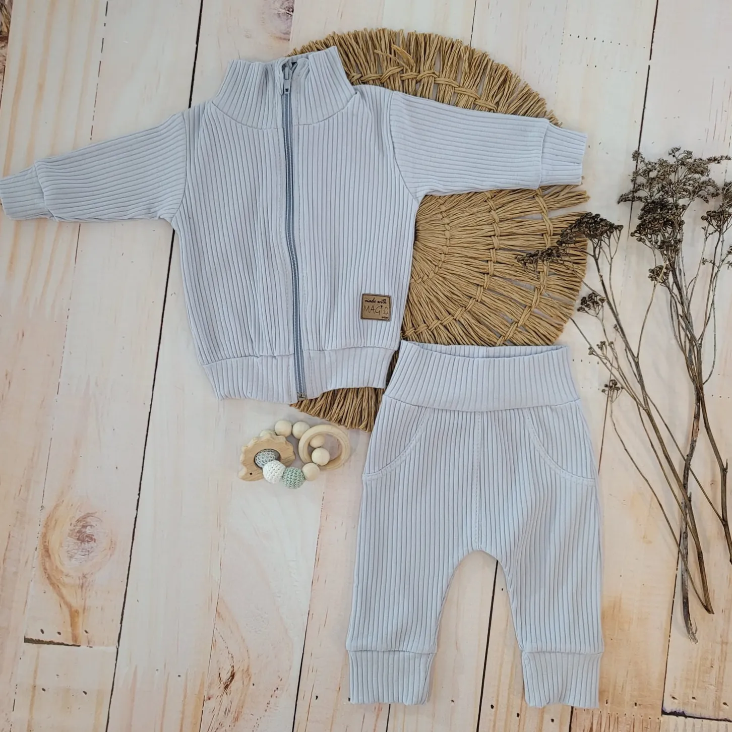 KAZUM Prążkowany komplet dres bluza bez kaptura + spodnie silver gray ostatnie sztuki 56, 62, 68, 74, 80