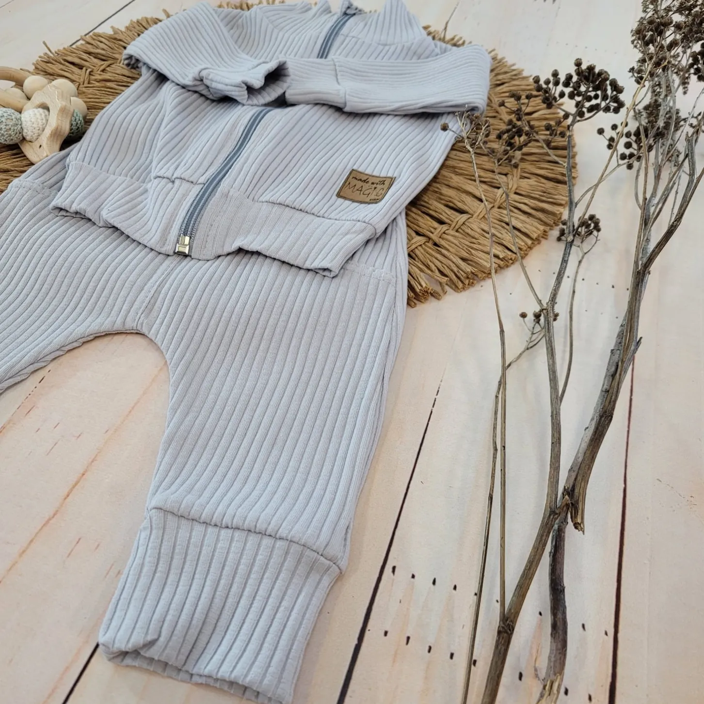 KAZUM Prążkowany komplet dres bluza bez kaptura + spodnie silver gray ostatnie sztuki 56, 62, 68, 74, 80