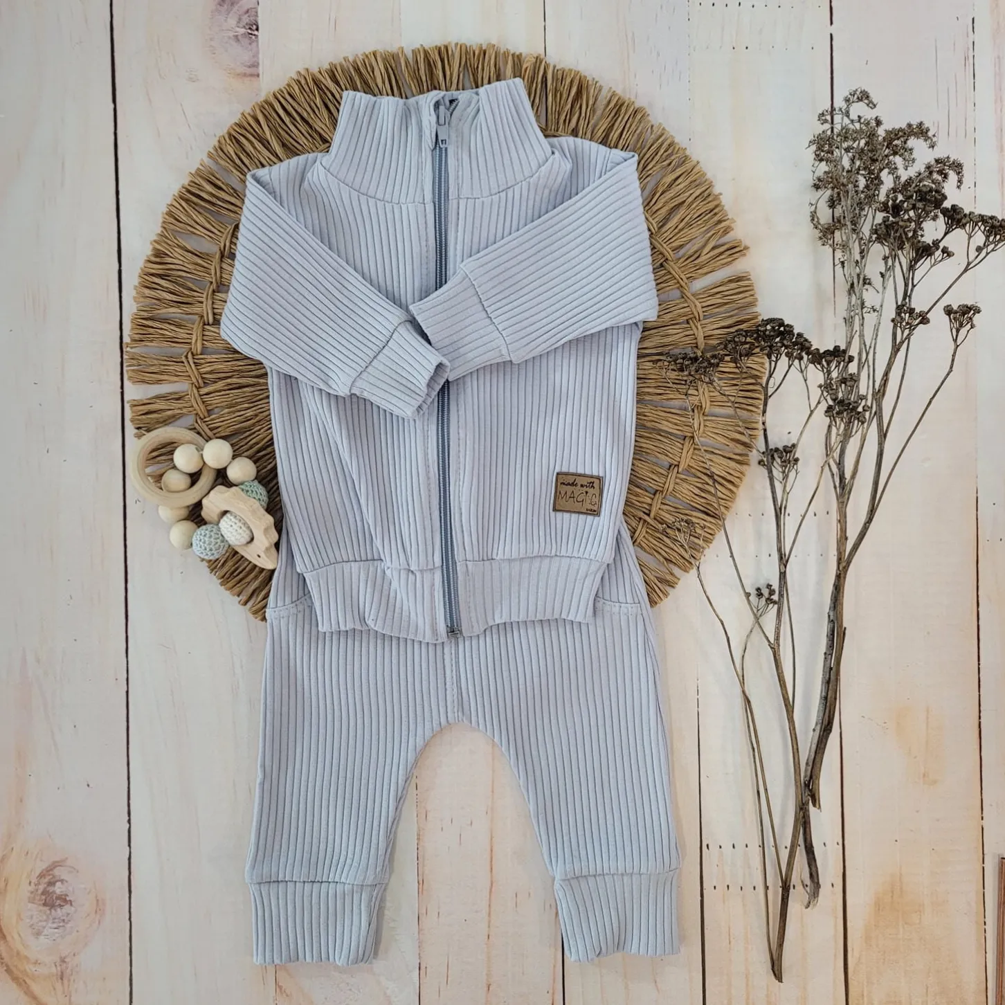 KAZUM Prążkowany komplet dres bluza bez kaptura + spodnie silver gray ostatnie sztuki 56, 62, 68, 74, 80