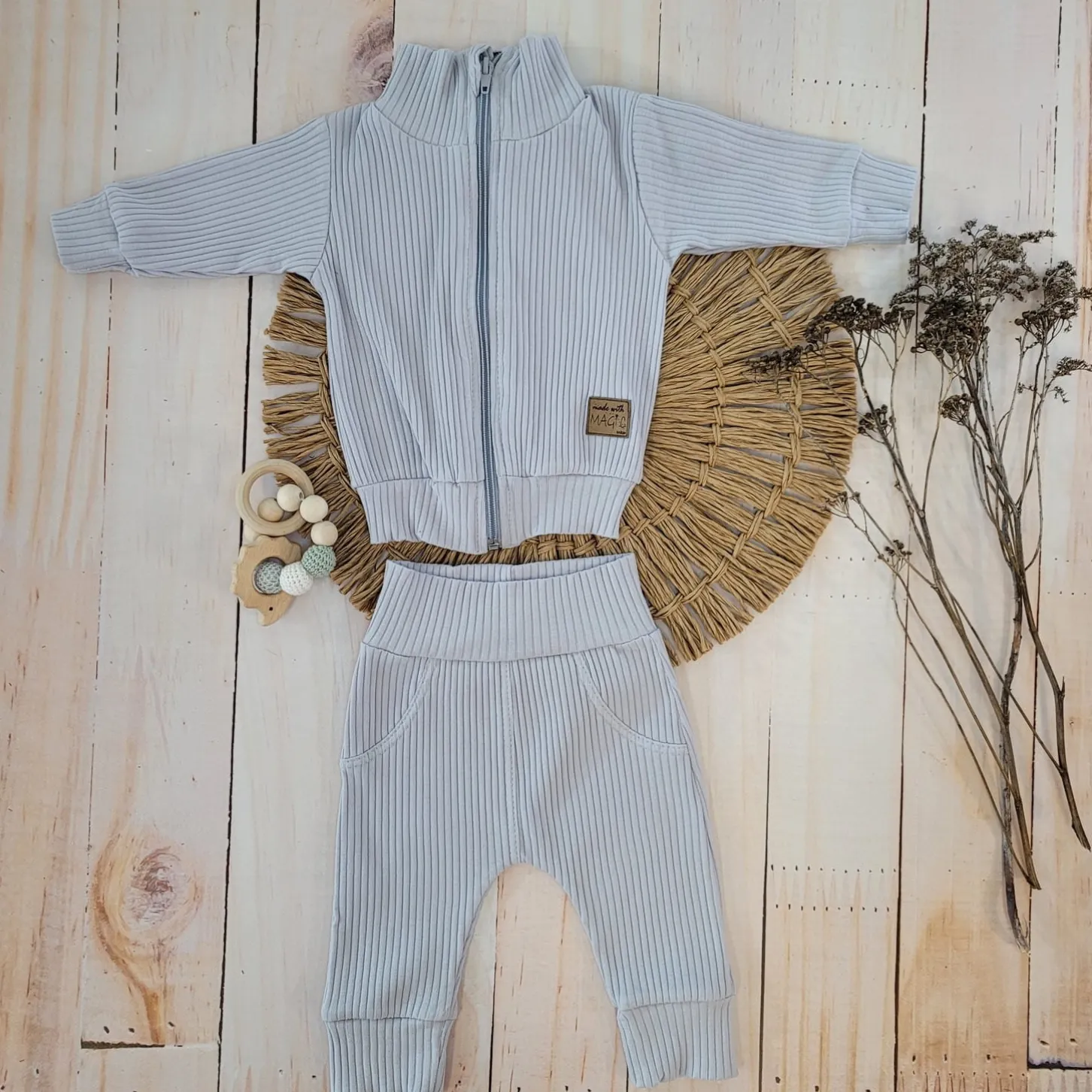 KAZUM Prążkowany komplet dres bluza bez kaptura + spodnie silver gray ostatnie sztuki 56, 62, 68, 74, 80