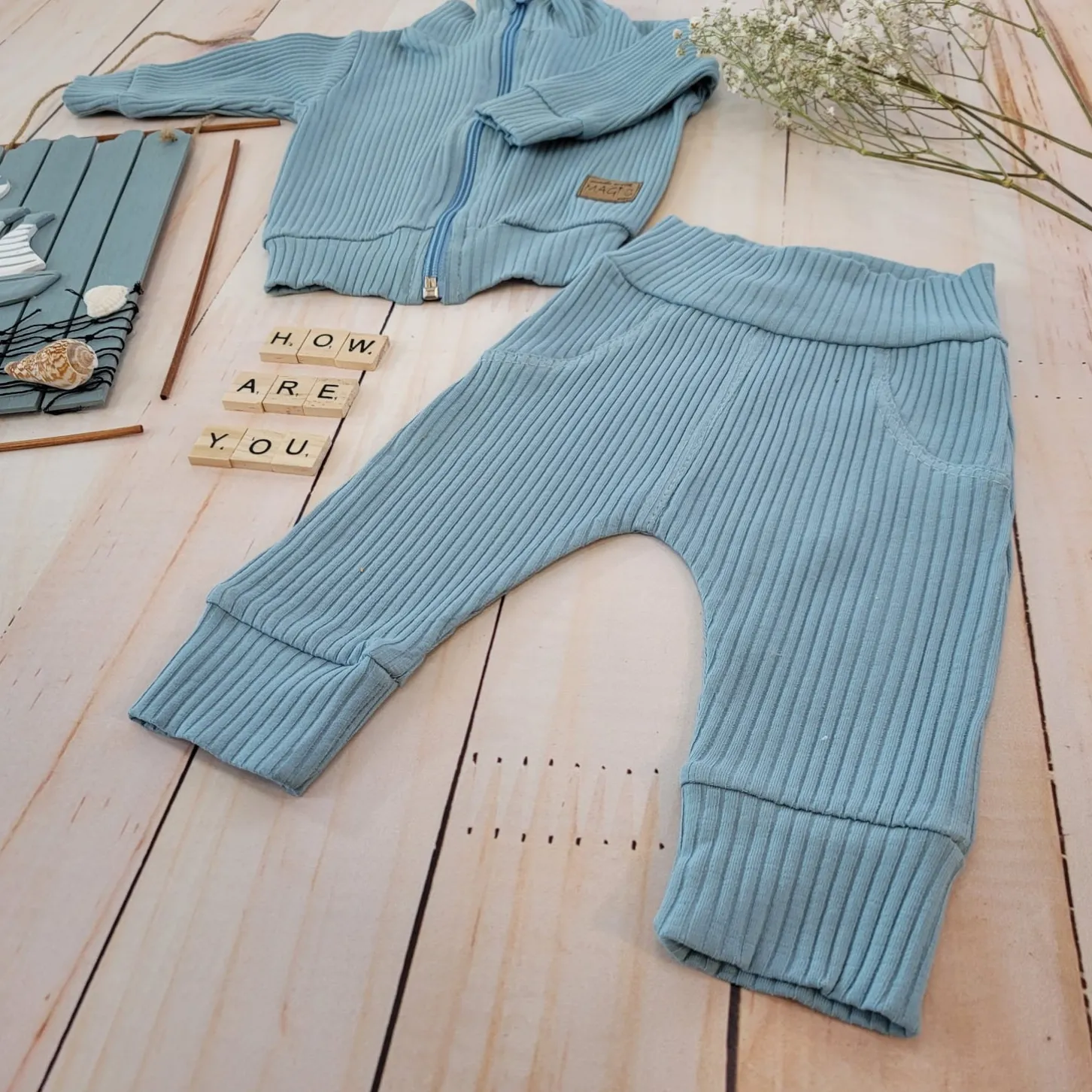 KAZUM Prążkowany komplet dres bluza bez kaptura + spodnie steal blue ostatnie sztuki 56, 62, 80, 86