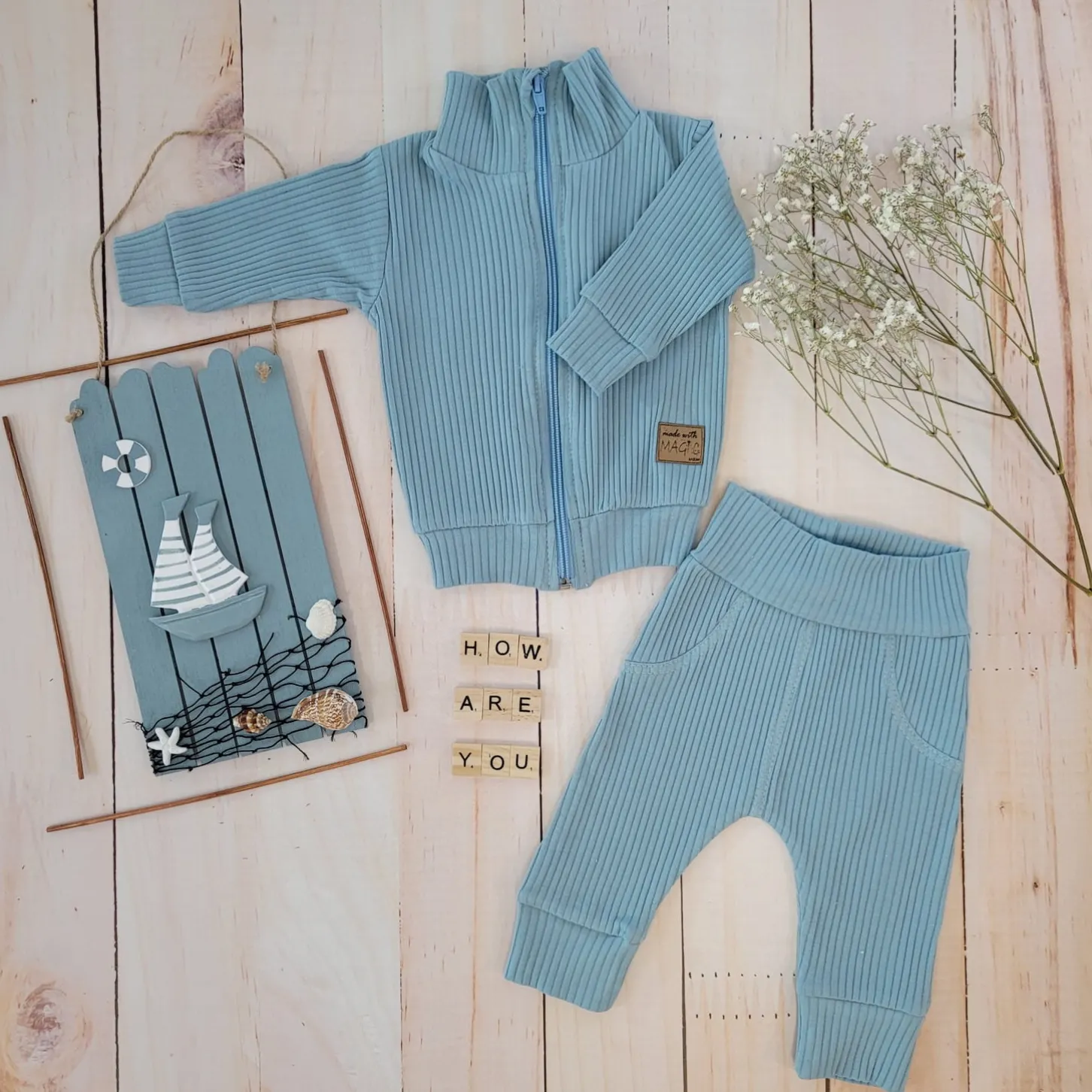 KAZUM Prążkowany komplet dres bluza bez kaptura + spodnie steal blue ostatnie sztuki 56, 62, 80, 86