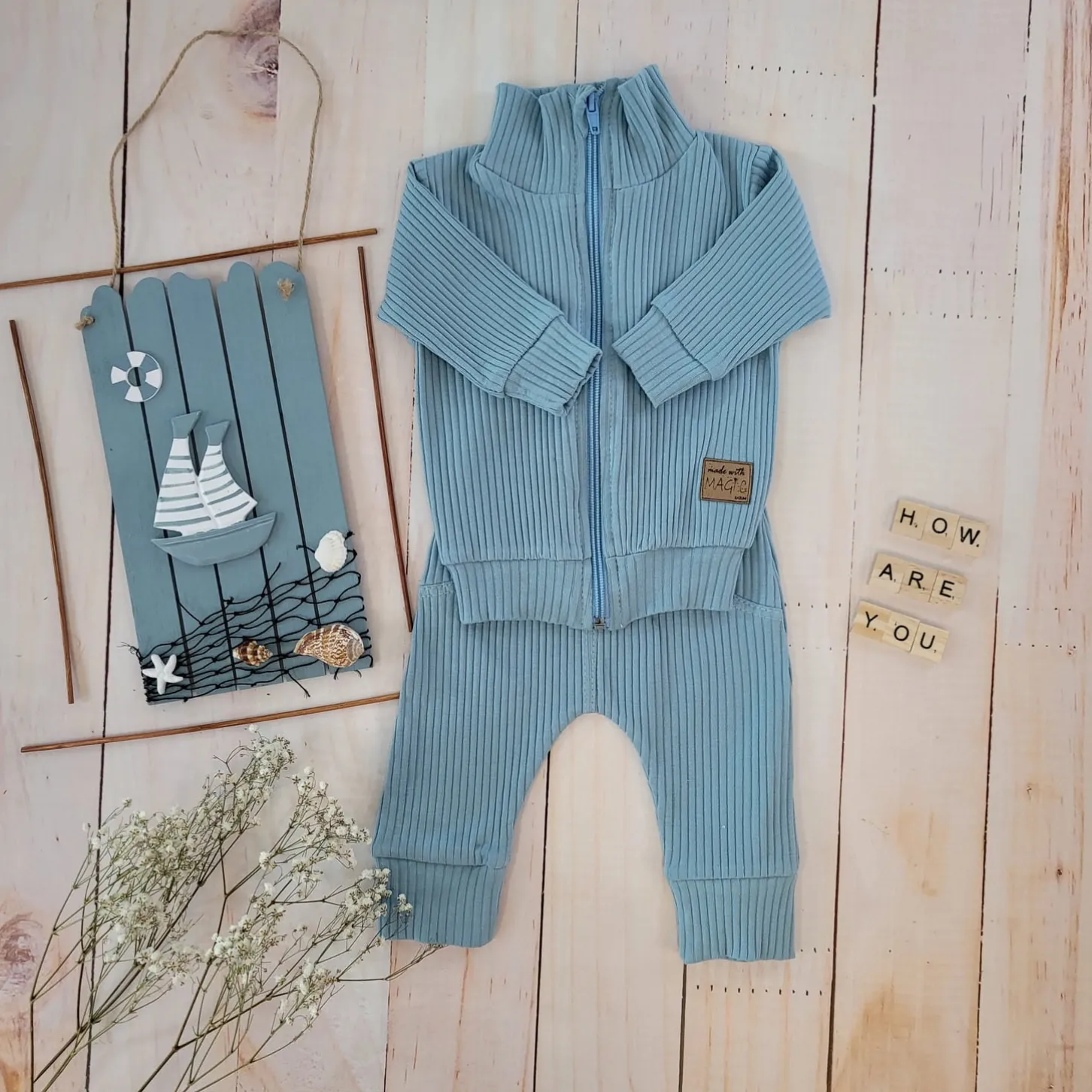 KAZUM Prążkowany komplet dres bluza bez kaptura + spodnie steal blue ostatnie sztuki 56, 62, 80, 86