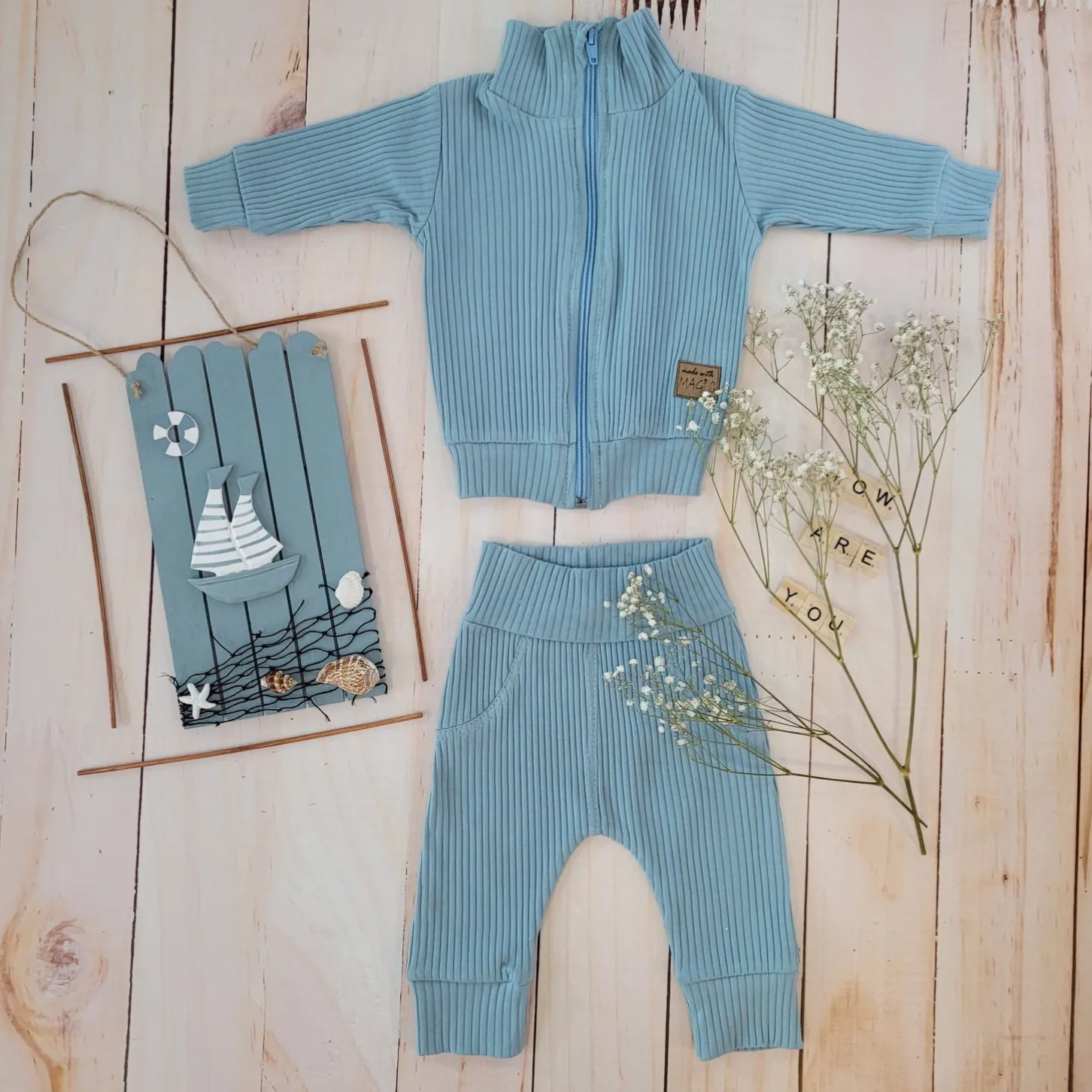 KAZUM Prążkowany komplet dres bluza bez kaptura + spodnie steal blue ostatnie sztuki 56, 62, 80, 86