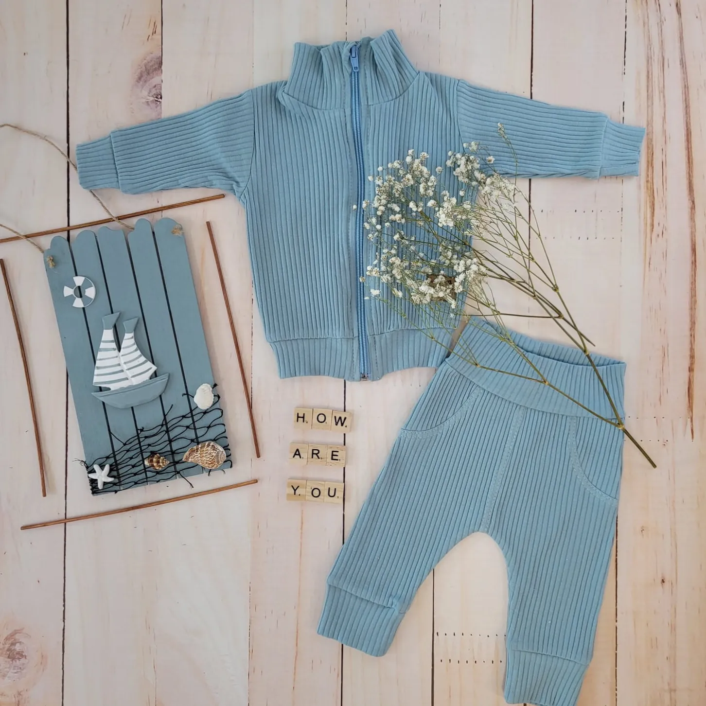 KAZUM Prążkowany komplet dres bluza bez kaptura + spodnie steal blue ostatnie sztuki 56, 62, 80, 86