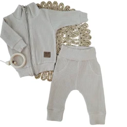 KAZUM Prążkowany komplet dres bluza bez kaptura + spodnie beige latte ostatnie sztuki 56, 68, 74