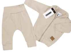 KAZUM Prążkowany komplet dres bluza bez kaptura + spodnie beige latte ostatnie sztuki 56, 68, 74