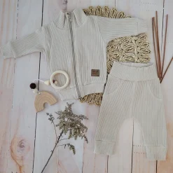KAZUM Prążkowany komplet dres bluza bez kaptura + spodnie beige latte ostatnie sztuki 56, 68, 74
