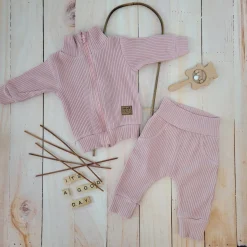 KAZUM Prążkowany komplet dres bluza bez kaptura + spodnie pastel pink ostatnie sztuki 56