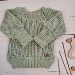 KAZUM Sweterek włóczkowy dziergany ze ściągaczami i guziczkami 56-86 green grass