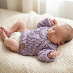 KAZUM Sweterek włóczkowy dziergany ze ściągaczami i guziczkami 56-86 sweet lila