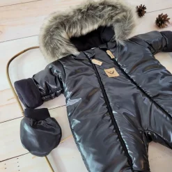 Kombinezon zimowy ocieplany kurtkowy czarny 56-92 z futerkiem brązowym