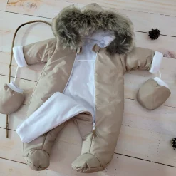 Kombinezon zimowy ocieplany kurtkowy beżowy 56-92 z futerkiem brązowym