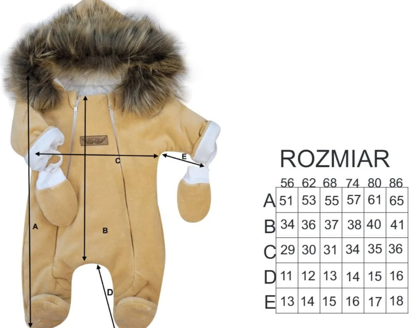 Kombinezon zimowy welurowy niemowlęcy ocieplany z odpinanym brązowym futerkiem i rękawiczkami 56-86 beżowy