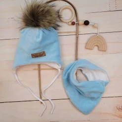 Komplet apaszka+czapka niemowlęca welurowa wiązana z brązowym pomponem 62(38)-86(48) błękitna