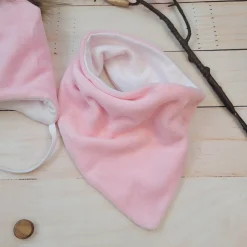 Komplet apaszka+czapka niemowlęca welurowa wiązana z brązowym pomponem 62(38)-86(48) różowa