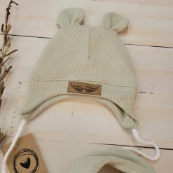 Komplet czapka prążkowana niemowlęca + apaszka 56-86 oliwka