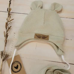 Komplet czapka prążkowana niemowlęca + apaszka 56-86 oliwka