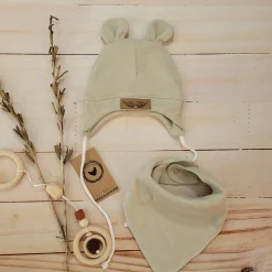 Komplet czapka prążkowana niemowlęca + apaszka 56-86 oliwka