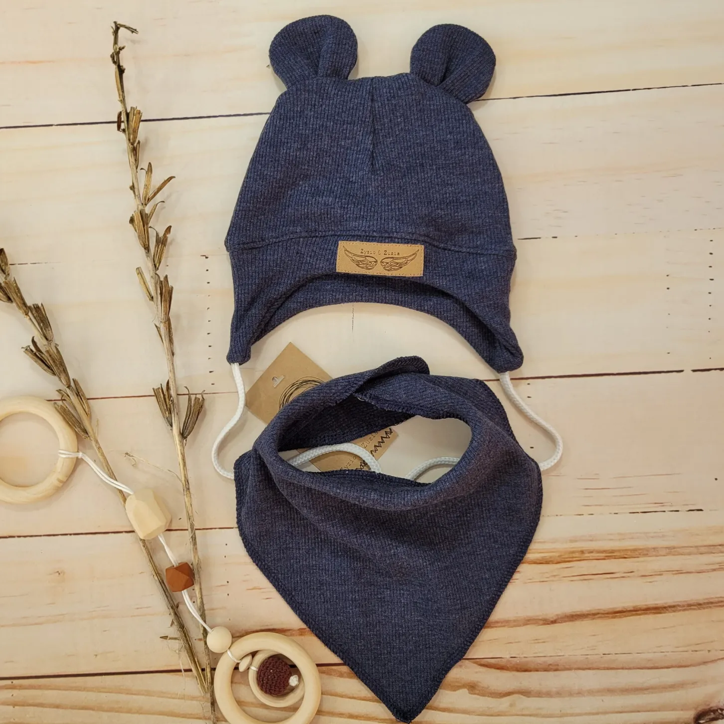 Komplet czapka prążkowana niemowlęca + apaszka 56-86 jeans