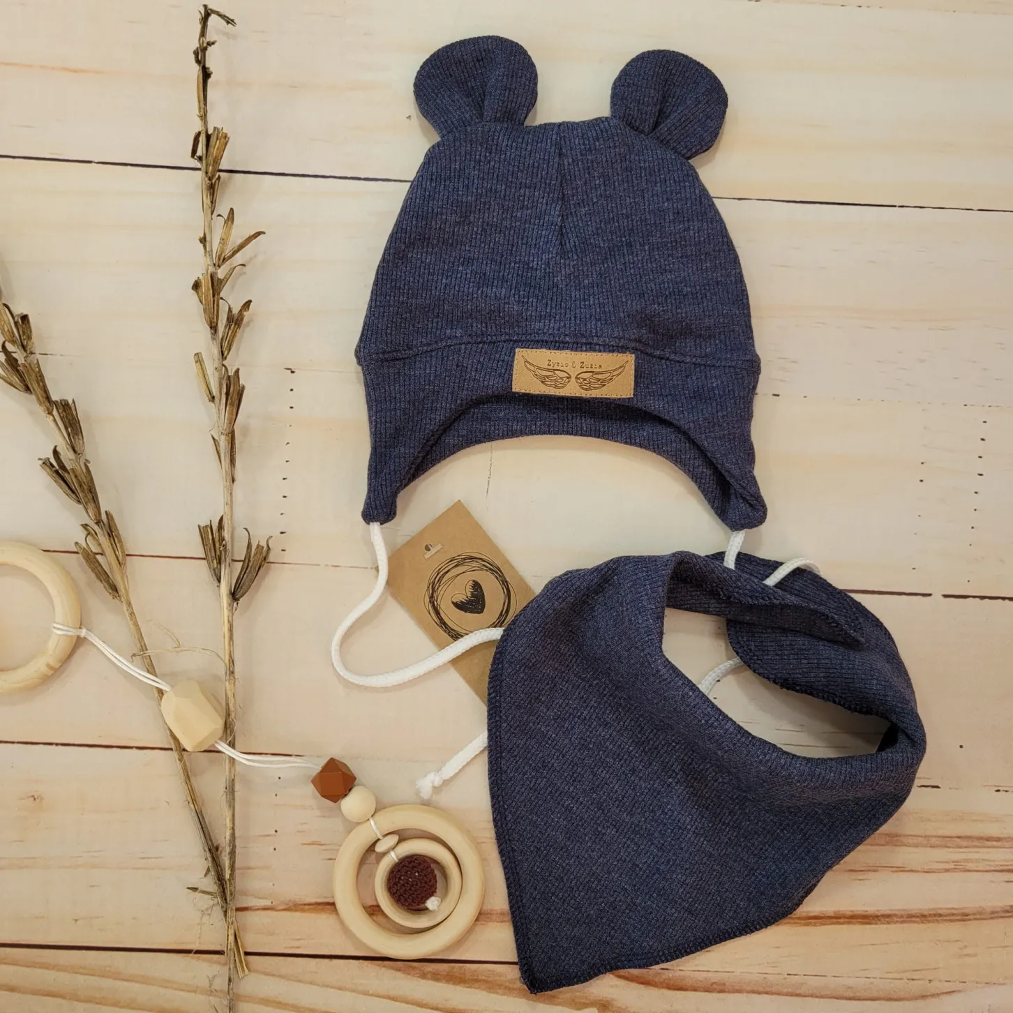Komplet czapka prążkowana niemowlęca + apaszka 56-86 jeans