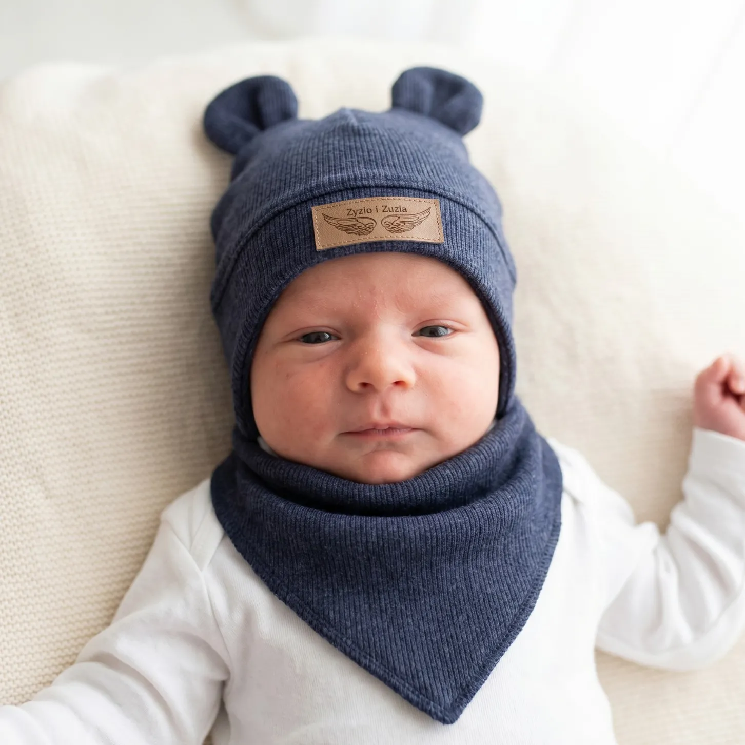 Komplet czapka prążkowana niemowlęca + apaszka 56-86 jeans