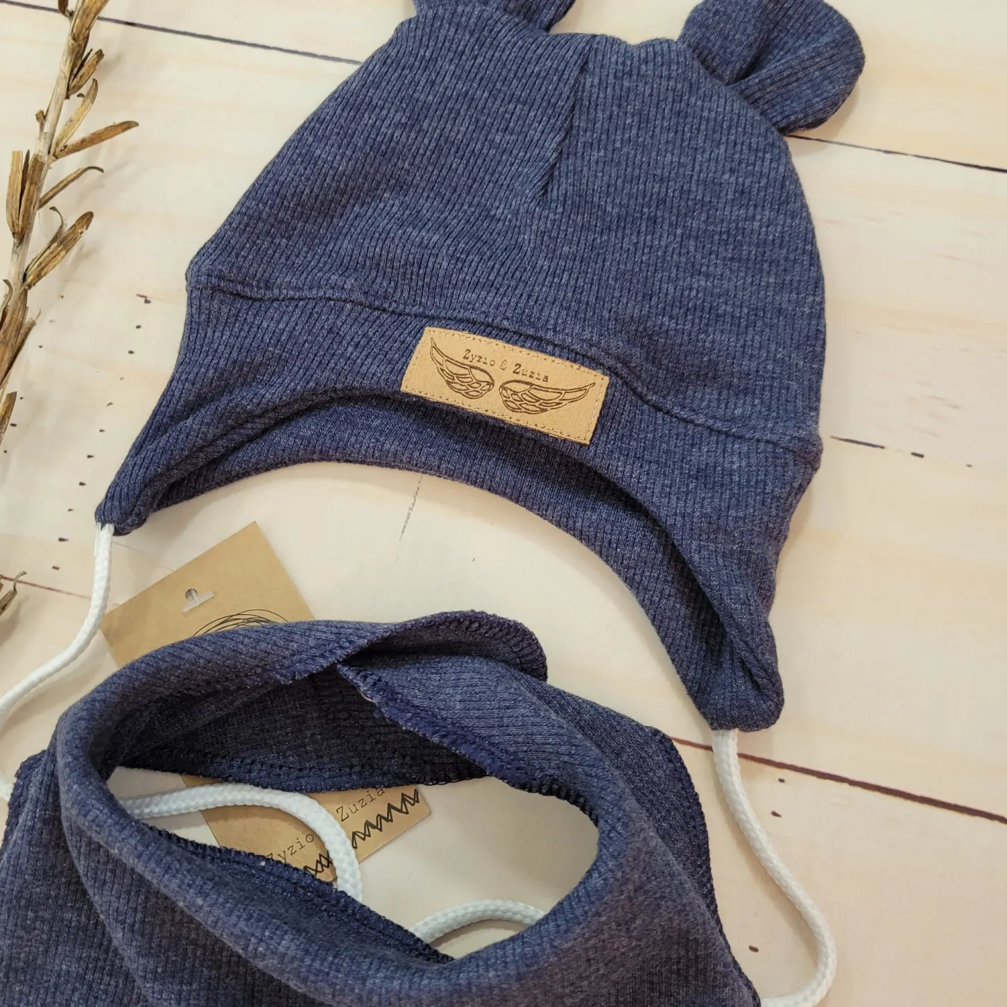 Komplet czapka prążkowana niemowlęca + apaszka 56-86 jeans