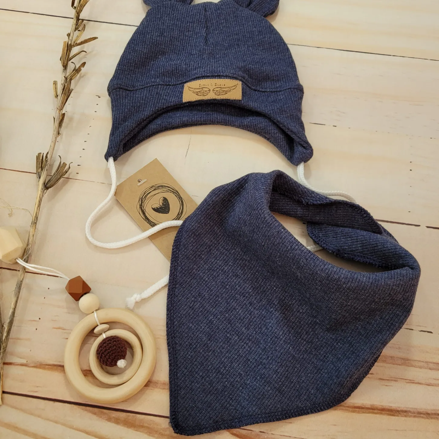 Komplet czapka prążkowana niemowlęca + apaszka 56-86 jeans